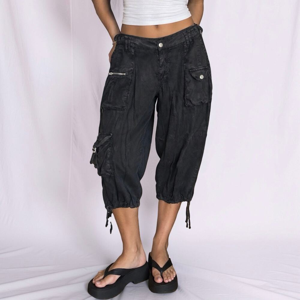 Mixit Black Tencel Utility Drawstring Cargo Capri Pants Size 12